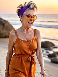 An elderly woman with a mohawk and wrinkled skin poses on the beach during golden hour