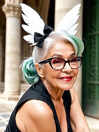 A frail elderly woman with tanned wrinkled skin poses in a cathedral