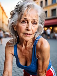 Elderly woman in red tank top poses with feathers on the city square at dawn