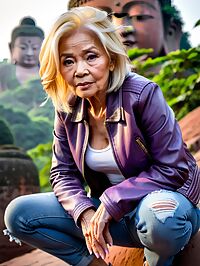 Elderly blonde woman 70 years old in tattered jeans at Leshan Giant Buddha