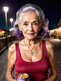 A grandmother poses on a dimly lit boardwalk in her red tank top and purple leggings