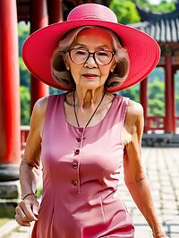An elderly grandmother with wrinkled skin poses in outdoor pagoda at sunset