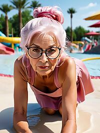 An elderly woman poses at a sunny outdoor waterpark in a pink dress