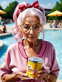 An elderly woman poses at a sunny outdoor waterpark in a pink dress