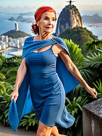 An elderly woman with ginger hair poses outside Rio's iconic Christ statue in blue dress