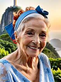An elderly woman with ginger hair poses outside Rio's iconic Christ statue in blue dress