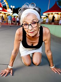 An elderly woman with red streaked black hair poses at twilight theme park entrance