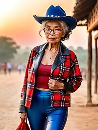 An elderly grandmother in Myanmar wears plaid leather coat red yoga pants at sunset