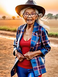An elderly grandmother in Myanmar wears plaid leather coat red yoga pants at sunset