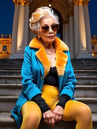 A frail 90 year old grandmother stands outside the royal palace in moonlit darkness