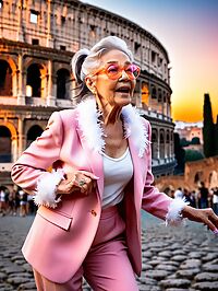 Elderly woman in pink suit poses at the Colosseum under twilight's dimming glow
