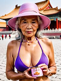 Elderly model poses in halter top and bikini on Forbidden City grounds at sunrise