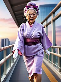 An elderly woman in a purple kimono stands on a glass skybridge at dusk