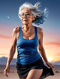 Elderly grandmother stands on an outdoor spaceship deck at pre dawn