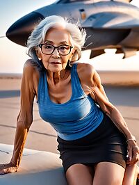 Elderly grandmother stands on an outdoor spaceship deck at pre dawn