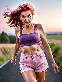 The elderly model stands on a spaceship's deck her wrinkles illuminated by sunset