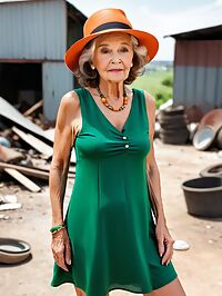 An elderly grandmother stands in a worn green dress at an outdoor scrapyard