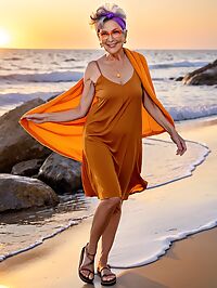 An elderly woman with a mohawk and wrinkled skin poses on the beach during golden hour