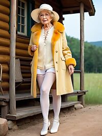 Elderly grandmother in a yellow fur trimmed coat poses playfully outdoors in cabin twilight
