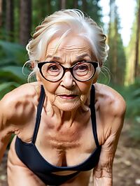 A 90 year old grandmother stands in a mystical forest