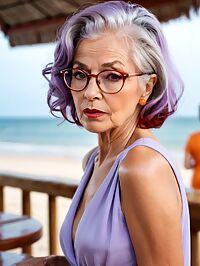 Grandmother sits at beach bar in twilight orange dress exposing wrinkled skin