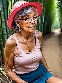 Elderly grandmother strolls through twilight bamboo forest in summer attire