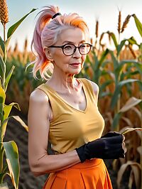 A 95 year old in a yellow shirt and orange skirt poses seductively in a cornfield