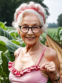 An elderly woman models in a pink swimsuit on a warm day at the melon farm