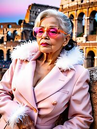 Elderly woman in pink suit poses at the Colosseum under twilight's dimming glow