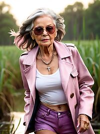 Grandmother stands in the swamp at dawn her wrinkled body clothed in a pink coat