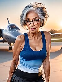 Elderly grandmother stands on an outdoor spaceship deck at pre dawn